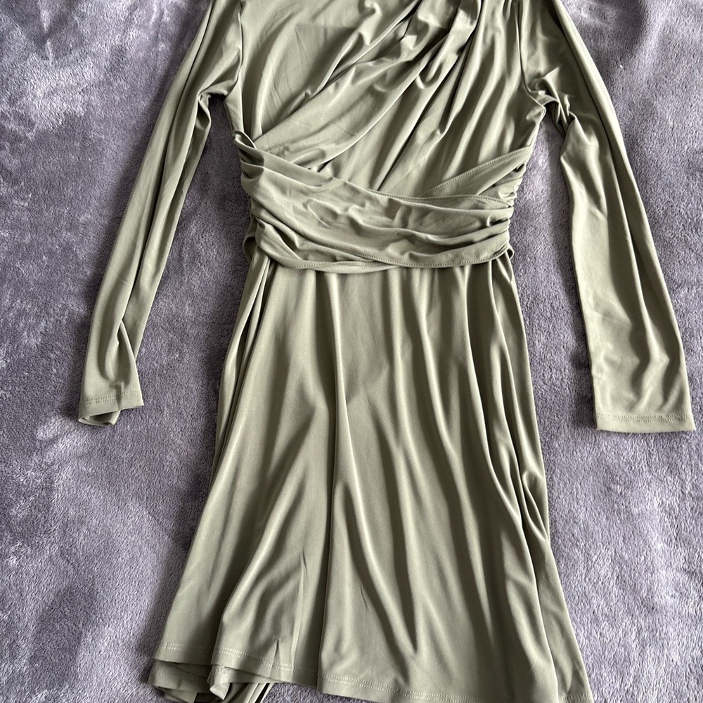 Topshop Olive Green Women's Long Sleeve Dress with Tie Back | Size S